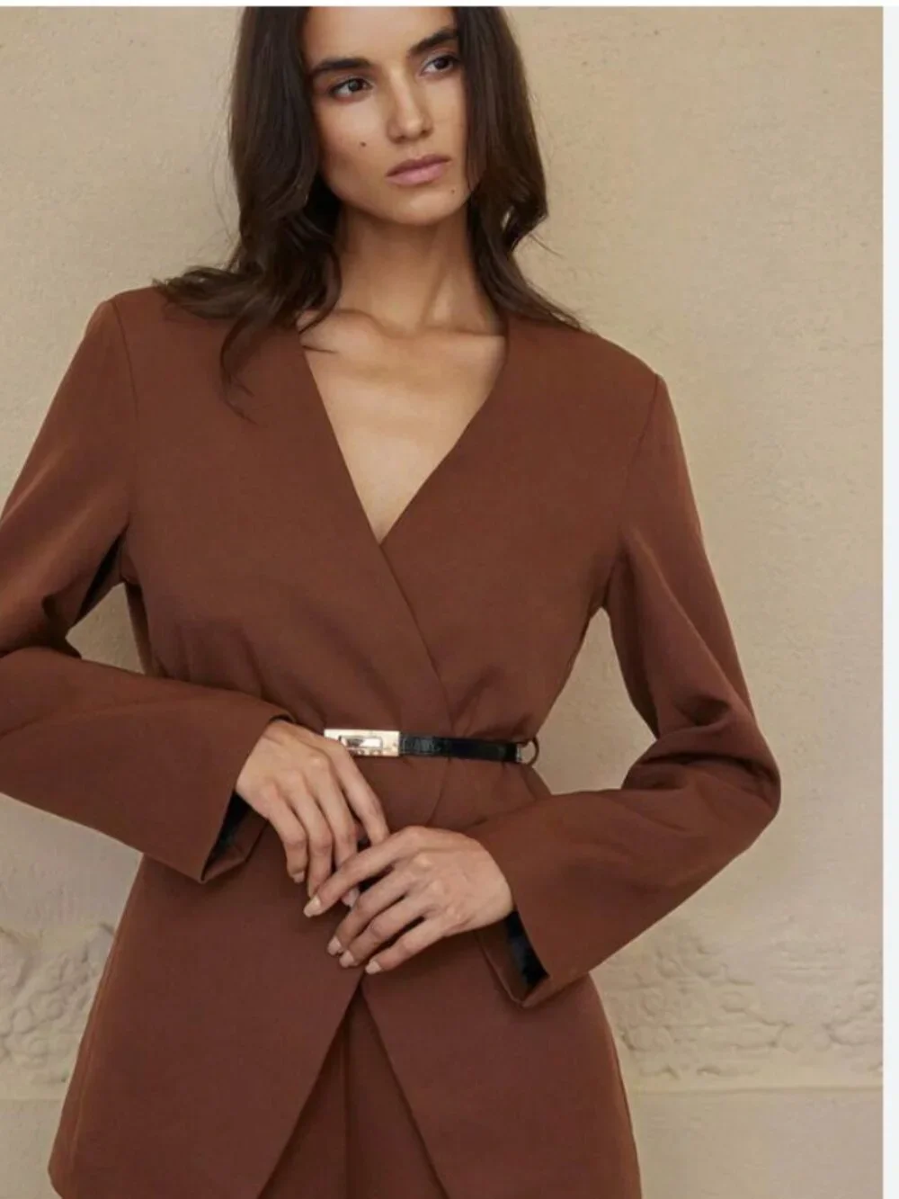 Tory Burch Women's Brown Asymmetrical Pique Wrap Belted Jacket Blazer 4
